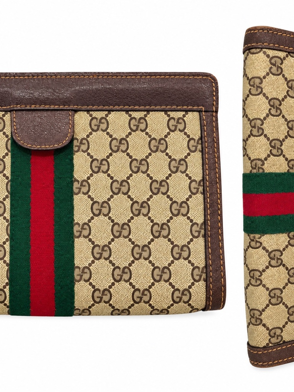 Gucci Beige Monogram Canvas Clutch with Green and Red Web Stripe